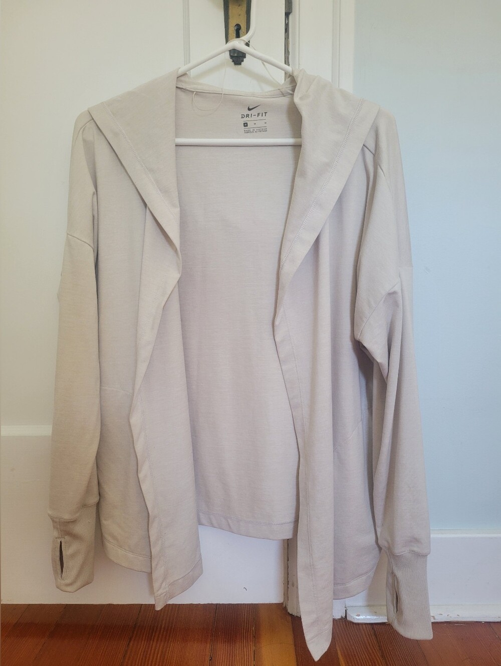 Nike Dri-Fit Women's Light Beige Hooded Open Cardigan Shawl Sweater Size M
